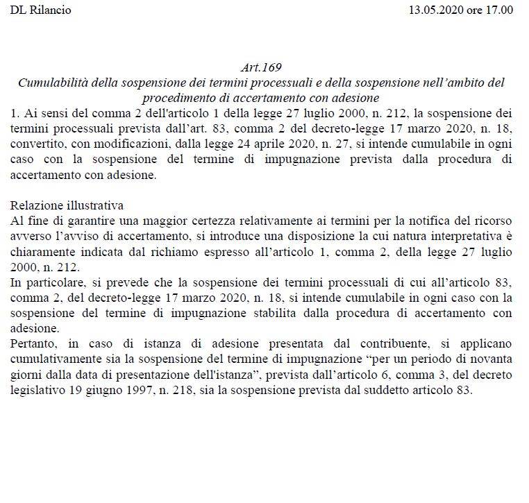 Difesa tributaria - Art. 169 della bozza del “Decreto Rilancio” - Cumulabilit&#224; della sospensione dei termini processuali previsti per l’emergenza epidemiologica nell’ambito del procedimento di accertamento con adesione