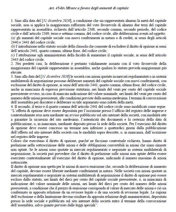 Company law - Misure a favore degli aumenti di capitale art 45bis DL Rilancio