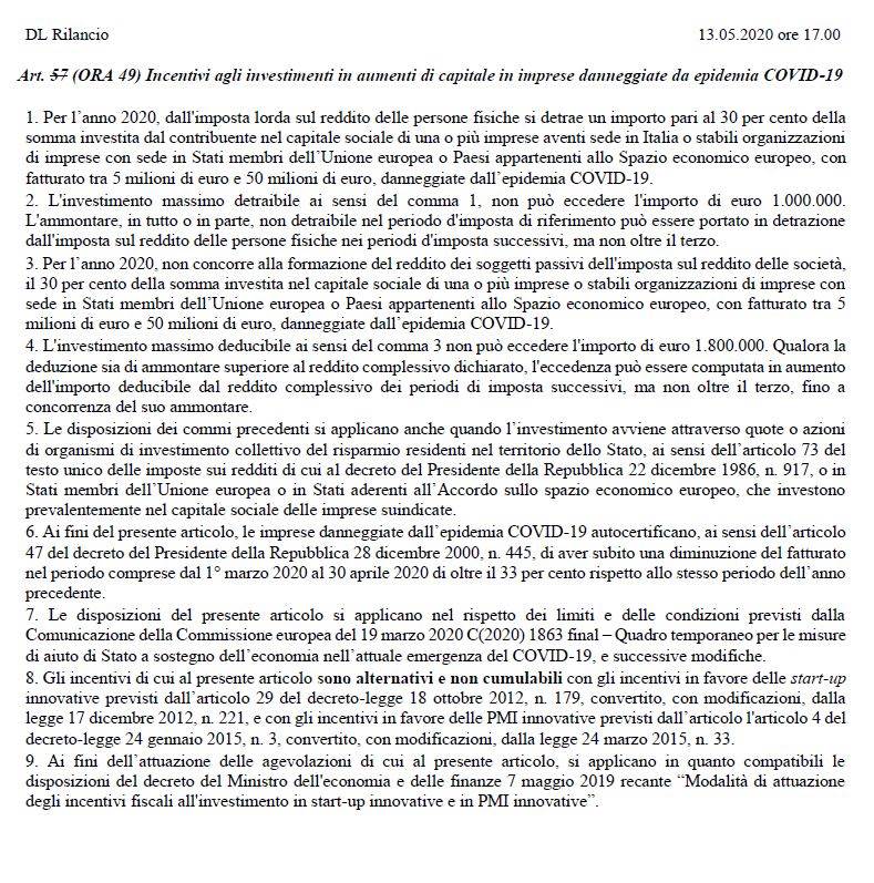 Company law - Oltre all’art. 29 anche l’art. 49 (ex 57) della bozza del DL Rilancio prevede crediti d’imposta per le capitalizzazioni delle PMI danneggiate dal Covid-19