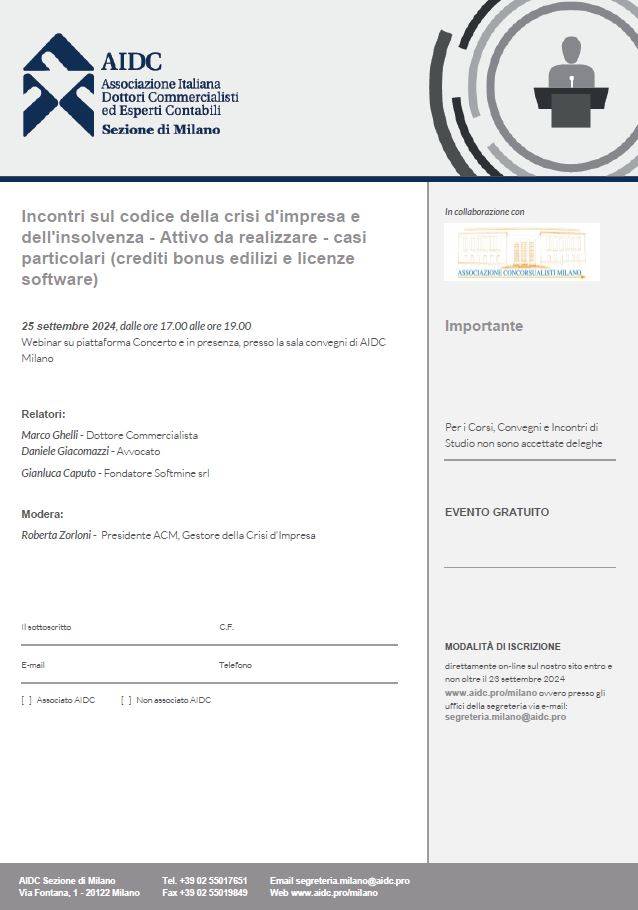 Incontri sul codice della crisi d&#39;impresa e dell&#39;insolvenza - Attivo da realizzare - casi particolari (crediti bonus edilizi e licenze software)