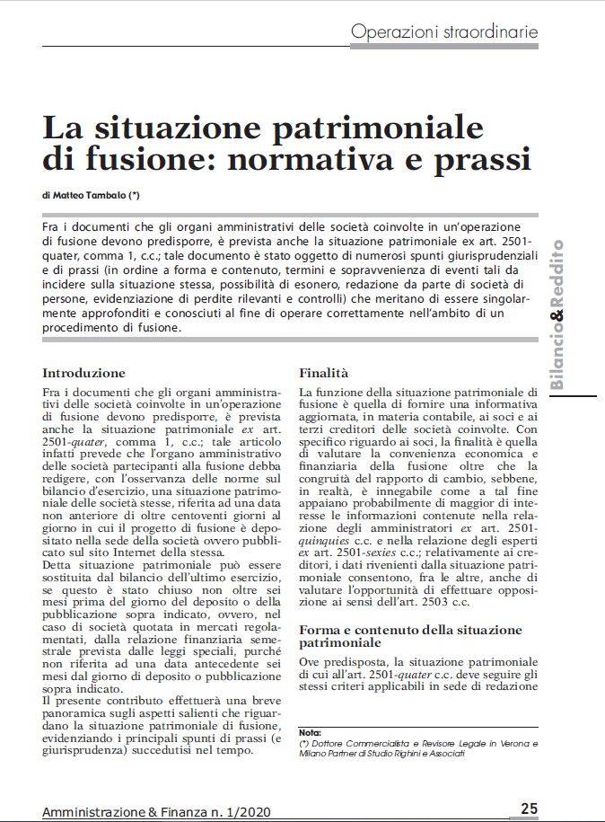 La situazione patrimoniale di fusione: normativa e prassi