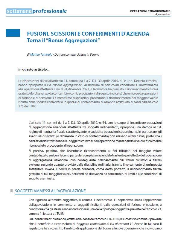 Fusioni, scissioni, conferimenti torna il &quot;bonus aggregazioni&quot;