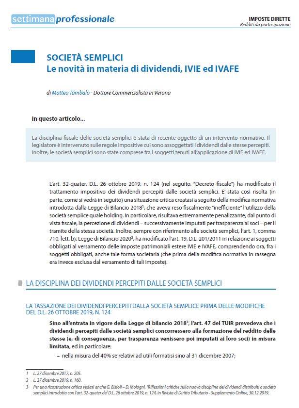 Societ&#224; semplici - Le novit&#224; in materia di dividendi, IVIE ed IVAFE