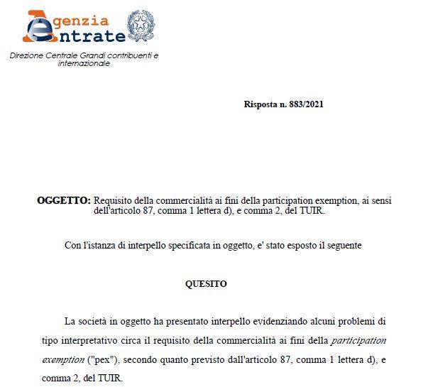 Requisito della commercialit&#224; ai fini della participation exemption