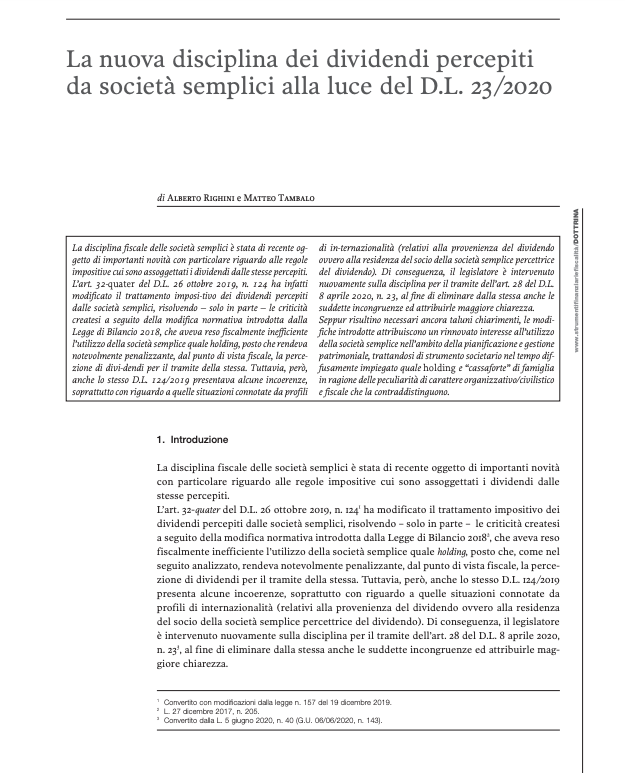 La nuova disciplina dei dividendi percepiti da societ&#224; semplici alla luce del D.L. 23/2020