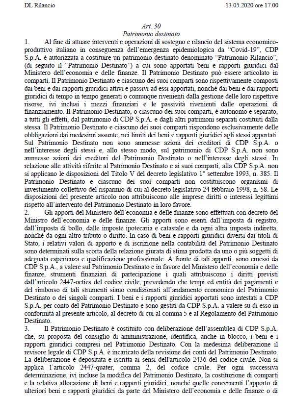 Company Law - Patrimonio Destinato a sostegno dell’economia Con l’art. 30 del DL Rilancio torna il Capitalismo di Stato?