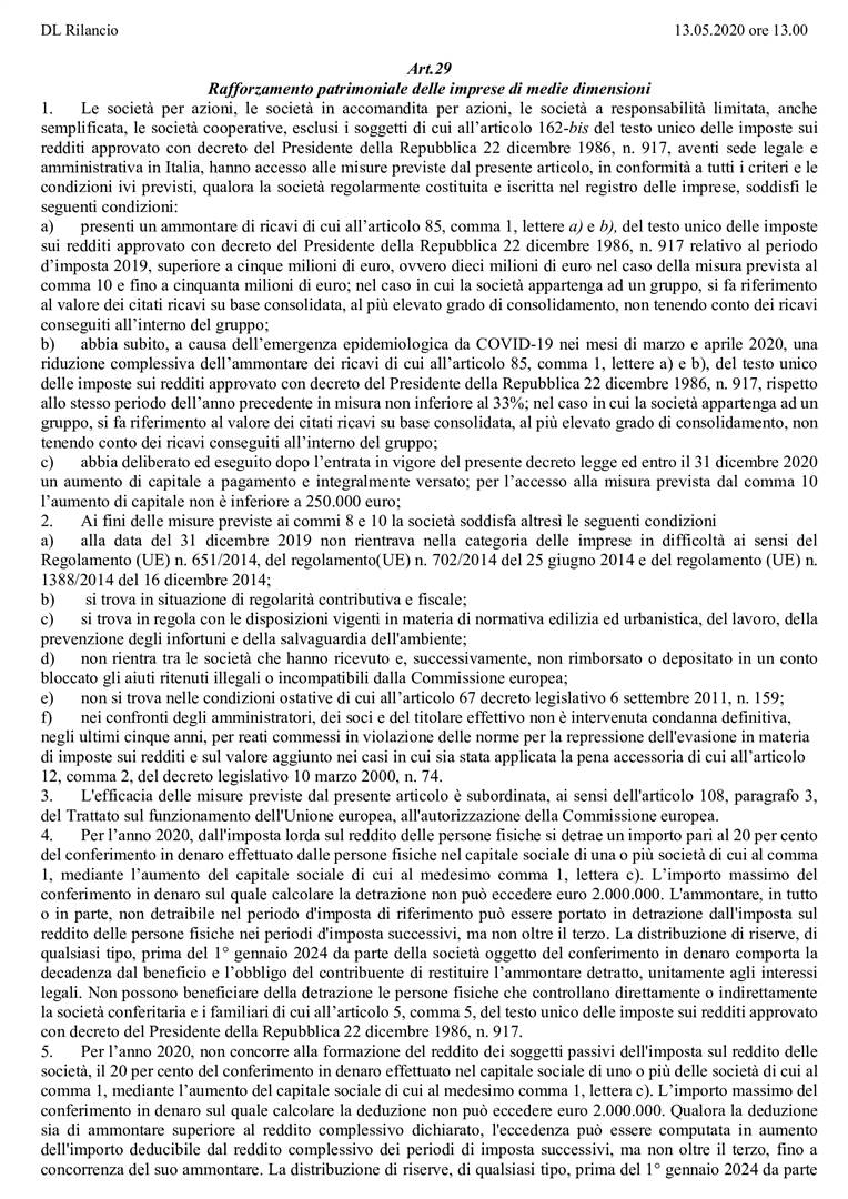 Company Law - Credito d’imposta del 20 % sugli aumenti di capitale!  Questo il mezzo con il quale si spinge a capitalizzare le PMI nel post emergenza